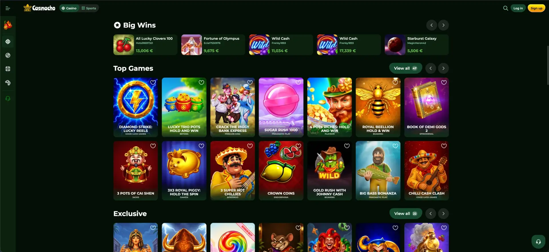 Popular games and recent wins at Casinacho