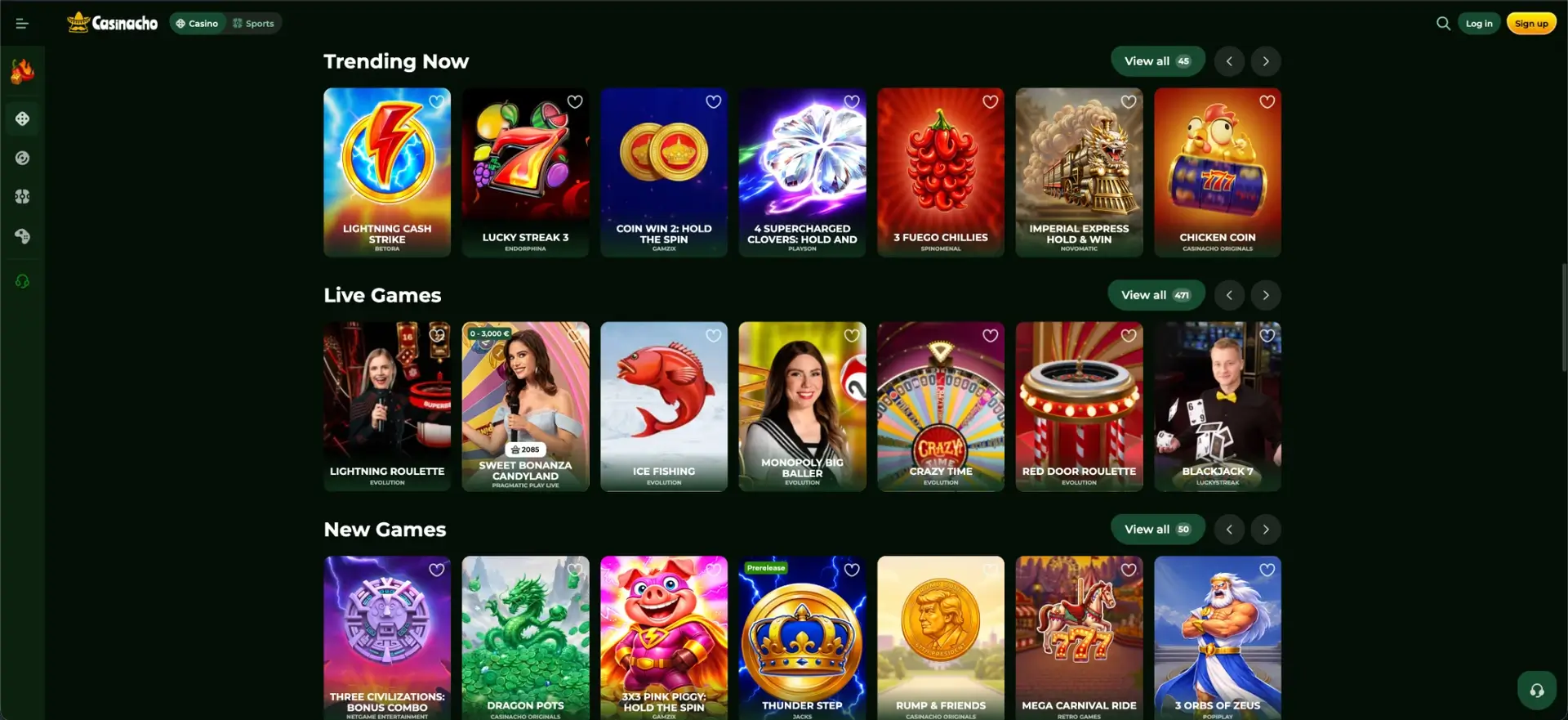 Trending, live and new games in the Casinacho lobby
