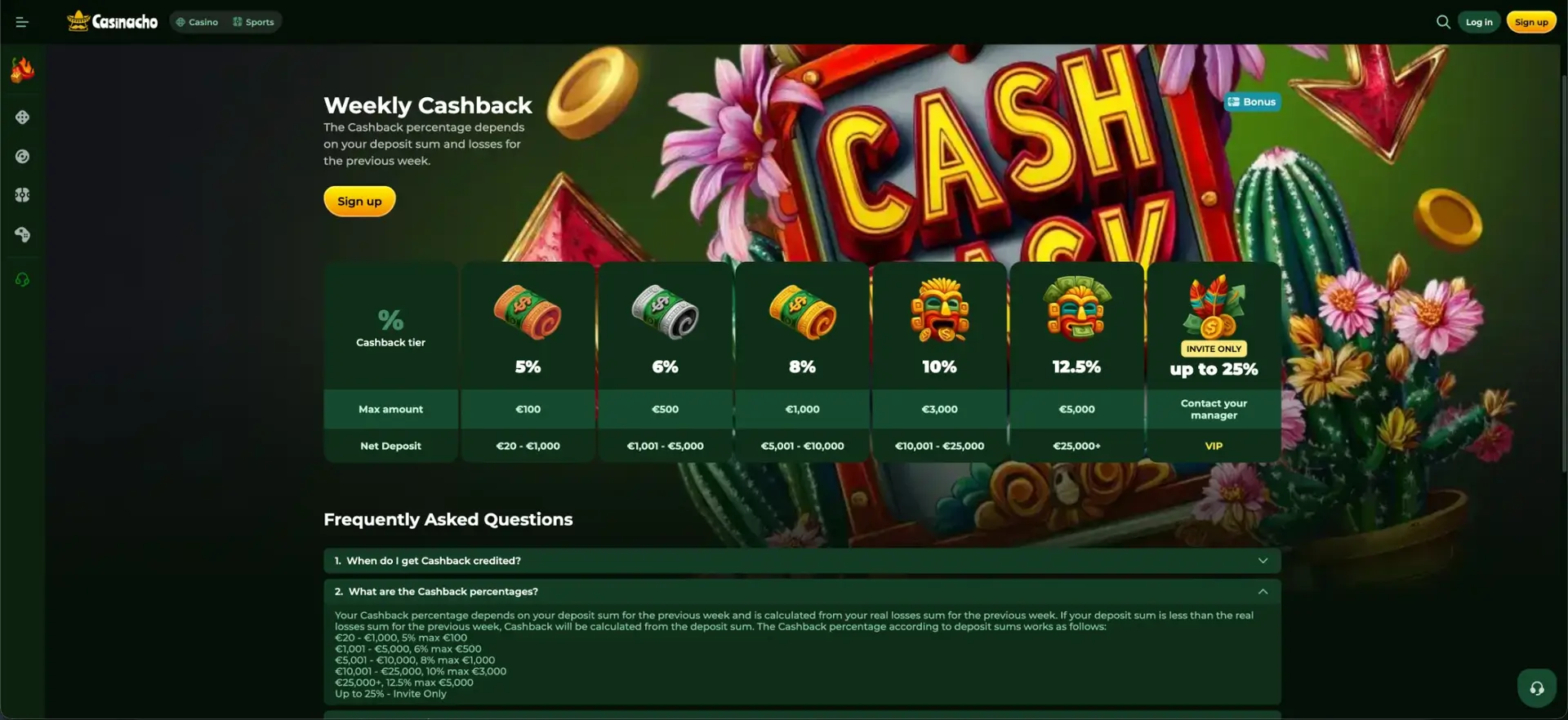 Weekly cashback offer at Casinacho